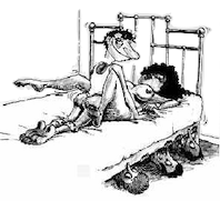 Caricature de Patrick Moutal, au lit, accompagné